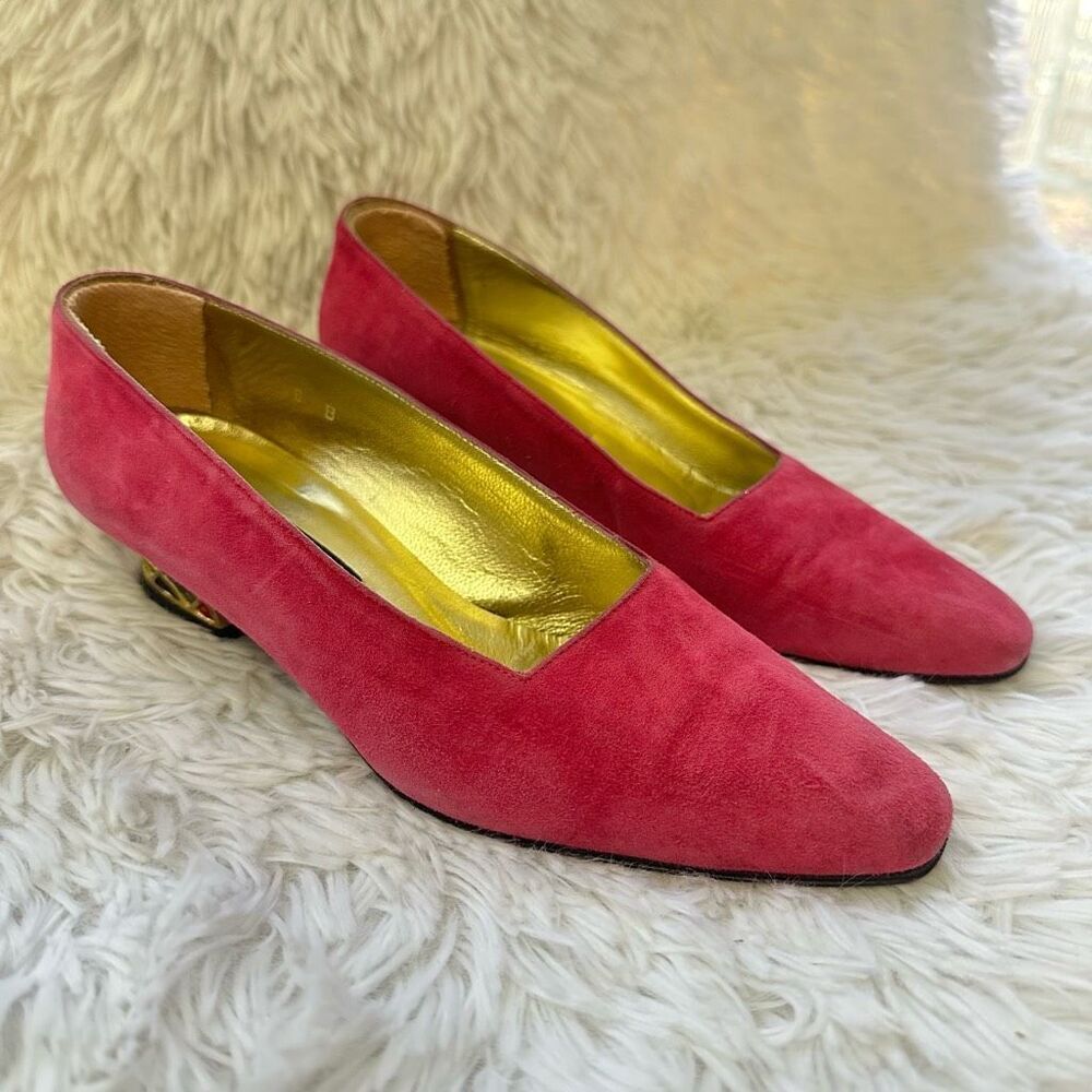 Escada Fuschia Suede Low Multicolored Heel Pumps Eclectic 80’s sz‎ 6B Vintage - Picture 3 of 8